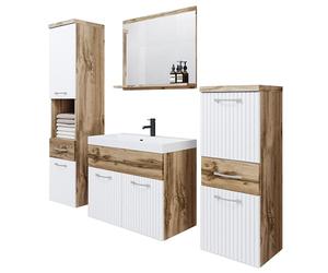 PIASKI Set di mobili da bagno Alba con lavabo, specchio, armadi alti e medi, pannelli laminati MDF, sospesi, Wotan/bianco ondulato, 6 pezzi