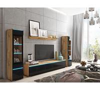 PIASKI Set di mobili da soggiorno Vera II, illuminazione a LED opzionale, set di mobili da soggiorno, diversi colori (Wotan/nero lucido, senza illuminazione a LED)