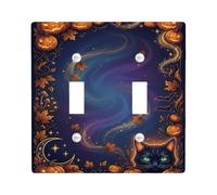Piastra di copertura per interruttore a doppia luce con zucche di Halloween | Lanterne Jack-o'-incandescenti, Polvere di stelle vorticose, foglie autunnali che cadono, accenti celesti fantasiosi