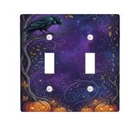 Piastra di copertura per interruttore della luce doppio di Halloween con | Jack-o'-lanterns, foglie autunnali, cielo stellato, foresta gotica, decorazione per la casa spettrale