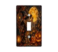 Piastra interruttore a levetta con citazione di Halloween con gatto strega | Cappello da strega gatto, Jack-o-lanterns, spettrale foresta illuminata dalla luna, foglie autunnali