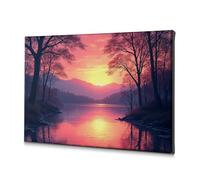 Piastre decorative tramonto su un lago sereno con alberi che si riflettono nell'acqua. Tela decorativa per bagno, decorazione da parete per la casa (30 x 40 cm)
