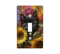 Piastre di copertura per interruttore della luce a forma di gatto floreale, gattino nero con girasoli colorati per decorazione domestica, piastre da parete in materiale termoplastico, dimensioni