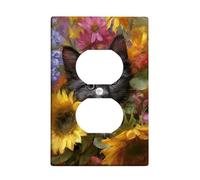 Piastre di copertura per interruttore della luce a forma di gatto floreale, gattino nero con girasoli colorati per decorazione domestica, piastre da parete in materiale termoplastico, presa singola