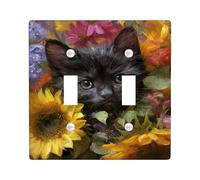Piastre di copertura per interruttore della luce a forma di gatto floreale, gattino nero con girasoli colorati per decorazione domestica, piastre da parete in materiale termoplastico, dimensioni