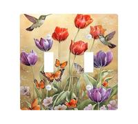 Piastre di copertura per interruttore della luce floreale primaverile, tulipani colorati e colibrì per decorazioni domestiche, piastre da parete in materiale termoplastico, dimensioni standard doppia