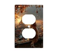 Piastre di copertura per interruttori della luce del gatto autunnale, coperture delle uscite, arancione soriano che osserva il castello magico al tramonto, piastre da parete in materiale termoplastico