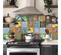 Piastrelle Adesive Cucina Verde Viola Florale Piastrelle Adesive Bagno Mobili pvc Impermeabile Mattonelle Adesive Autoadesive Pannelli Decorativi per Pareti 24 Pezzi/20x20cm