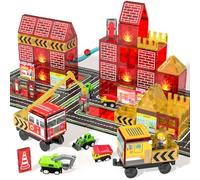 Piastrelle magnetiche per bambini, 56 pezzi, piastrelle magnetiche con camion dei pompieri e stazione, costruzione, strada, gru e giocattoli per auto, piastrelle magnetiche educative da viaggio per