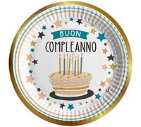 Piatti carta compostabili Buon Compleanno Shiny Gold (Ø23cm), 8 pezzi