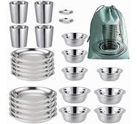 Piatti, ciotole, tazze e portaspezie in acciaio inox. Set da campeggio (24 pezzi) da 8,9 cm a 21,8 cm. Campeggio, escursionismo, spiaggia, uso esterno Incl. borsa da viaggio