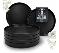 Piatti Colazione di Terraglia Neri - Set Piatti Moderni per 6 Persone - Servizio Piatti 6 Pezzi Manhattan - Piatti Terraglia Nero Opaco - Lavabile in Lavastoviglie e Adatto al Microonde - Pure Living