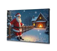 Piatti decorativi Babbo Natale vicino a una cabina innevata con un caldo fuoco che brucia su tela, immagine decorativa per soggiorno decorazione pasquale (40 x 60 cm)
