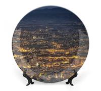 Piatti decorativi da appendere alla parete, 25 cm, piatto rotondo con supporto, piatti da portata in ceramica, piatto in porcellana con architettura urbana notturna, decorazione da parete per il Rin