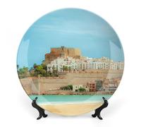 Piatti decorativi da appendere alla parete, 25 cm, piatto rotondo con supporto, piatti piani in ceramica, piatto in porcellana con case sulla spiaggia di Peñíscola, decorazione da parete per il Ring