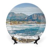 Piatti decorativi da appendere alla parete, 25 cm, piatto rotondo con supporto, piatti piani in ceramica, piatto in porcellana con panorama marino della Sicilia e della costa, decorazione da parete