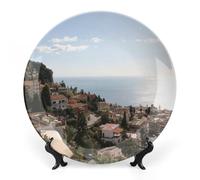 Piatti decorativi da appendere alla parete, 25 cm, piatto rotondo con supporto, piatti piani in ceramica, piatto in porcellana con vista di Taormina, Sicilia, Italia, decorazione da parete per il Ri