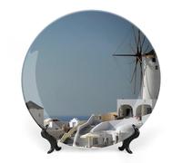 Piatti decorativi da appendere alla parete, 6", piatto rotondo con supporto, piatti piani in ceramica, piatto in porcellana con mulini a vento di Santorini, Grecia, decorazione da parete per il Ring