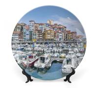 Piatti decorativi da appendere alla parete, 6", piatto rotondo con supporto, piatti piani in ceramica, piatto in porcellana con paesaggio, architettura portuale, decorazione da parete per il Ringraz