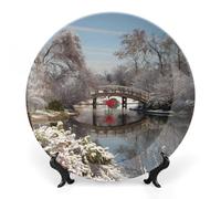 Piatti decorativi da appendere alla parete, 6", piatto rotondo con supporto, piatti piani in ceramica, piatto in porcellana con paesaggio invernale e neve, decorazione da parete per il Ringraziament