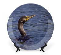 Piatti decorativi da appendere alla parete, 7", piatto rotondo con supporto, piatti piani in ceramica, piatto in porcellana con uccelli, cormorani e occhi verdi, decorazione da parete per il Ringraz