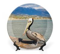 Piatti decorativi da appendere alla parete, 7", piatto rotondo con supporto, piatti piani in ceramica, piatto in porcellana con pellicano di Santa Barbara, California, decorazione da parete per il R