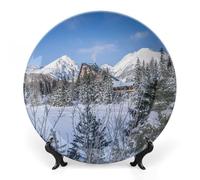 Piatti decorativi da appendere alla parete, 8", piatto rotondo con supporto, piatti piani in ceramica, piatto in porcellana con lago invernale, montagne e neve, decorazione da parete per il Ringrazi