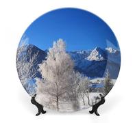 Piatti decorativi da appendere alla parete, 8", piatto rotondo con supporto, piatti piani in ceramica, piatto in porcellana con paesaggio invernale innevato e freddo, decorazione da parete per il Ri