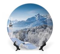 Piatti decorativi da appendere alla parete, 8", piatto rotondo con supporto, piatti piani in ceramica, piatto in porcellana con paesaggio invernale di montagne innevate, decorazione da parete per il