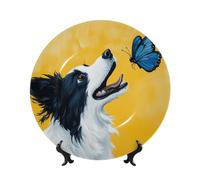 Piatti decorativi in porcellana Bone China con supporto, Border Collie con farfalla blu, piatto rotondo da esposizione per cucina, sala da pranzo, armadietto del vino, decorazione per la casa, 20 cm