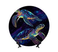 Piatti decorativi in porcellana Bone China con supporto, due tartarughe marine al neon, piatto da esposizione rotondo per cucina, sala da pranzo, armadietto del vino, decorazione per la casa, 20 cm
