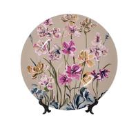 Piatti decorativi in porcellana Bone China con supporto, fiori di campo, piante floreali primaverili, piatti rotondi da esposizione per cucina, sala da pranzo, armadietto del vino, decorazione per la