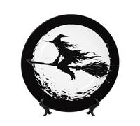 Piatti decorativi in porcellana Bone China con supporto, luna piena una strega che vola sulla scopa, piatto rotondo da esposizione per cucina, sala da pranzo, armadietto del vino, decorazione per la