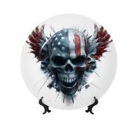 Piatti decorativi in porcellana Bone China con supporto, motivo bandiera americana, teschio con ali, piatto rotondo da esposizione per cucina, sala da pranzo, armadietto del vino, decorazione per la