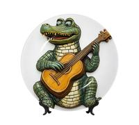 Piatti decorativi in porcellana Bone China con supporto, motivo coccodrillo che suona una chitarra classica, rotondo, per cucina, sala da pranzo, armadietto del vino, decorazione per la casa, 20 cm