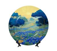 Piatti decorativi in porcellana Bone China con supporto, paesaggio con fiori selvatici con Bluebonnets, piatto da esposizione rotondo per cucina, sala da pranzo, armadietto del vino, decorazione per