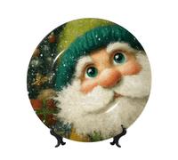 Piatti decorativi in porcellana Bone China con supporto, simpatico Babbo Natale che indossa cappello verde, piatto rotondo da esposizione per cucina, sala da pranzo, armadietto del vino, decorazione