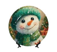 Piatti decorativi in porcellana Bone China con supporto, simpatico pupazzo di neve che indossa cappello verde, sciarpa, piatto rotondo da esposizione per cucina, sala da pranzo, armadietto del vino