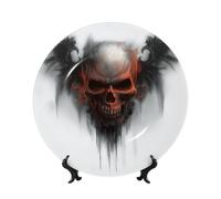 Piatti decorativi in porcellana Bone China con supporto, teschio con ali, piatto rotondo da esposizione per cucina, sala da pranzo, armadietto del vino, decorazione per la casa, 20 cm