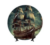 Piatti decorativi in porcellana Bone China, nautico Vintage Vela Pirata Nave Piatto Decorativo in Ceramica con Espositore Piatti da Pranzo Artigianato Artigianato 7 "Ornamenti in Ceramica Decorazione