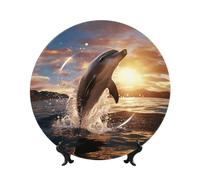 Piatti decorativi in porcellana Bone China, piatti piani in ceramica da 20,3 cm, con espositore con delfino che salta nel mare, ornamento in ceramica, artigianato artistico, piatto rotondo in