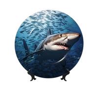Piatti decorativi in porcellana Bone China, piatti piani in ceramica da 20,3 cm, con espositore, uno squalo nuota nel mare, ornamento in ceramica, artigianato artistico, piatto rotondo in porcellana