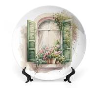 Piatti decorativi per la casa, finestra romantica e fiore rosa, vassoio decorativo per esposizione da tavolo, piatto piano in ceramica con supporto, decorazione per cucina e sala da pranzo, regali di