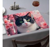 Piatti decorativi Un gatto bianco e nero con gli occhi verdi è circondato da fiori rosa, tovagliette primaverili Comedor (6 pezzi)