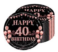 Piatti di carta per 40 compleanni, 16 piatti usa e getta per compleanno, 23 cm, piatti di carta usa e getta per ragazzi e ragazze, colore nero, oro rosa, per feste di compleanno, Happy 40th Birthday