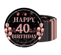 Piatti di Carta per 40° Compleanno - 16 Usa e Getta, 18 cm, per Ragazzi e Ragazze - Nero, Oro Rosa - Happy 40th Birthday