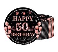 Piatti di carta per 50 compleanni, 16 piatti usa e getta per compleanno, 18 cm, piatti di carta usa e getta per ragazzi e ragazze, colore nero, oro rosa, per feste di compleanno, Happy 50th Birthday