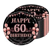 Piatti di carta per 60 compleanni, 16 piatti usa e getta per compleanno, 23 cm, piatti di carta usa e getta per ragazzi e ragazze, colore nero, oro rosa, per feste di compleanno, Happy 60th Birthday