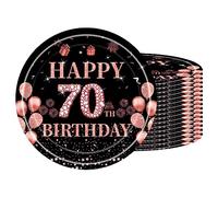 Piatti di carta per 70 compleanni, 16 piatti usa e getta per compleanno, 18 cm, piatti di carta usa e getta per ragazzi e ragazze, colore nero, oro rosa, per feste di compleanno, Happy 70th Birthday