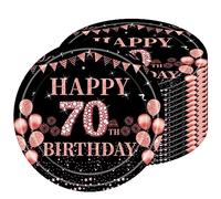 Piatti di carta per 70 compleanni, 16 piatti usa e getta per compleanno, 23 cm, piatti di carta usa e getta per ragazzi e ragazze, colore nero, oro rosa, per feste di compleanno, Happy 70th Birthday
